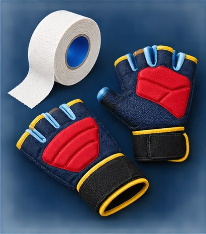 Illustration of support tape and fingerless rugby mitts