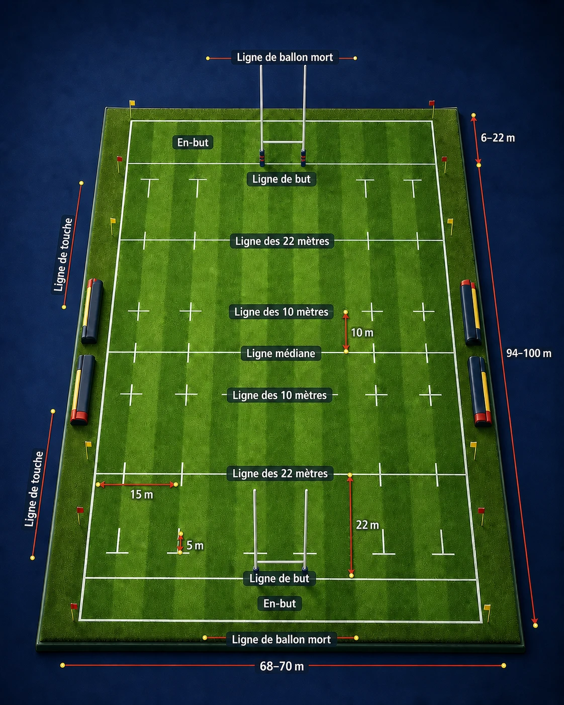 Terrain de rugby à XV illustré avec ses lignes et repères