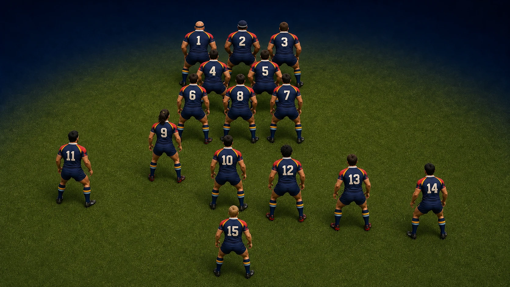 Fifteen numbered rugby players arranged as forwards and backs
